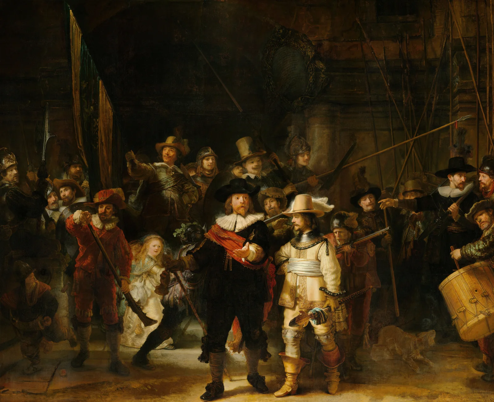 La Ronde de nuit de Rembrandt, un groupe de gardes surgissant dans la lumière